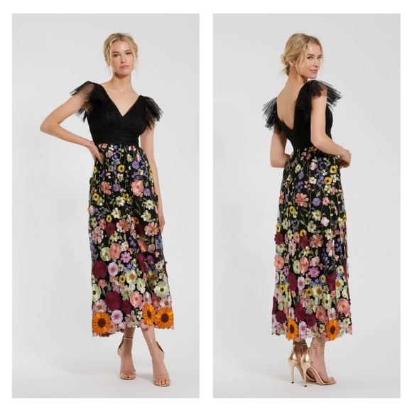 MAC DUGGAL 68204 NWT Embroidered Ruched Flutter Sleeve A Line Dress - Picture 1 of 8